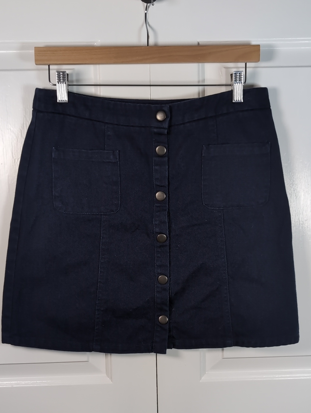 Vintage Naf Naf Paris Navy Blue Snap Up Pocket Denim Mini Skirt Euro 38 US 6